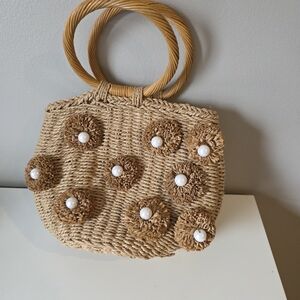 Elegant Tan Woven Handbag with Pearl Accents
